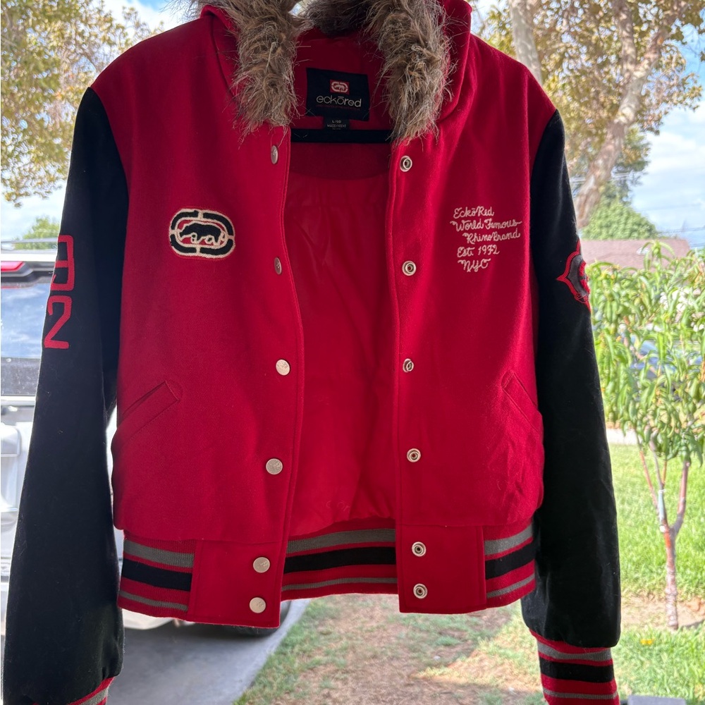 Y2K Red and Black Varsity Jacket with Fur Collar